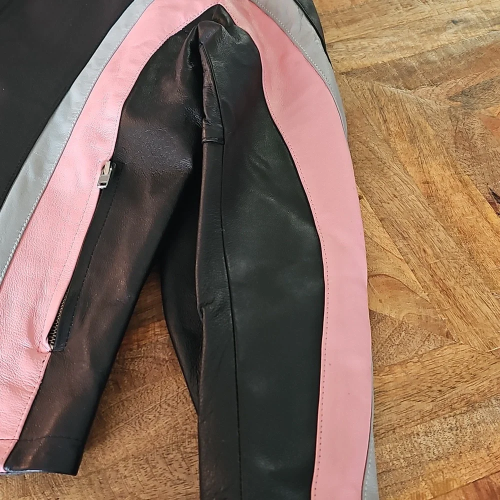 Cycle Leather Jacket XL Pink Gray Black - Picture 10 of 14